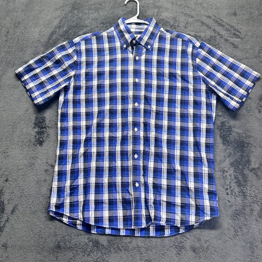 Southern Pines Button Down Shirt Mens Medium Blue Plaid Short Sleeve Cotton Dad